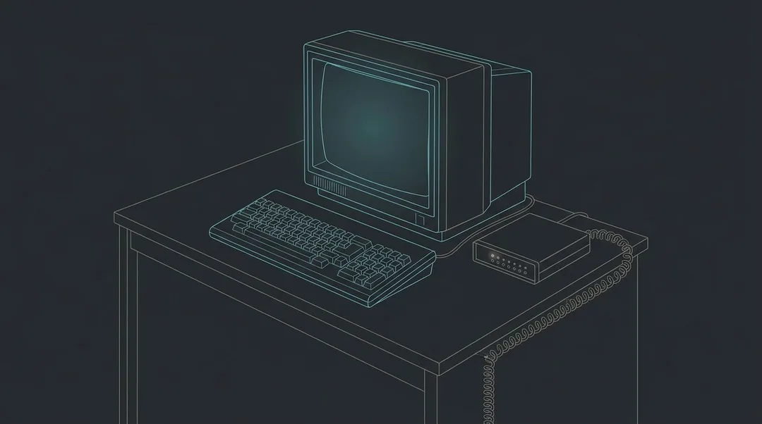 Line drawing of a 1980s desk at night: a boxy CRT monitor with a faint glow, a mechanical keyboard, and a small external modem with a row of indicator lamps, its coiled telephone cord running off the edge of the desk.
