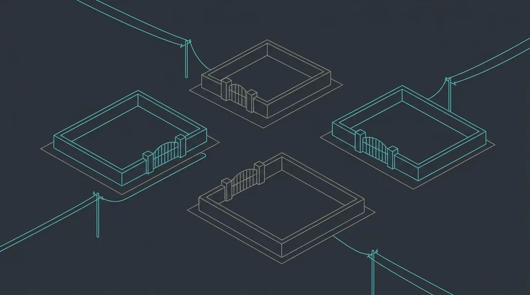 Line drawing of four separate walled enclosures on a plain, each with its own gate and no path between them, with a single telephone line running to each from outside the frame.