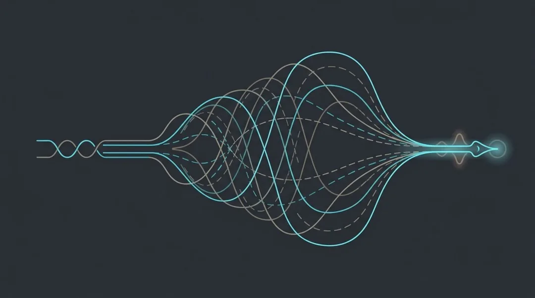 Line drawing of a twisted copper pair running left to right, opening into progressively wider bands of spectrum along its length, and narrowing at the far end into a single strand of glass carrying a point of light.
